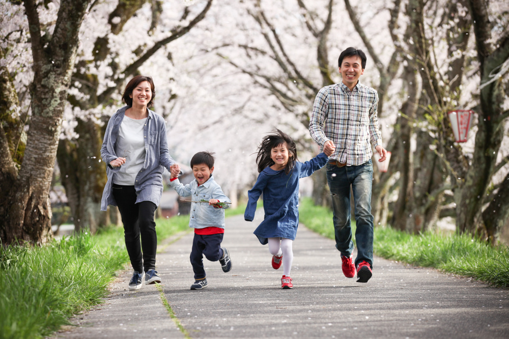 桜並木で走る家族